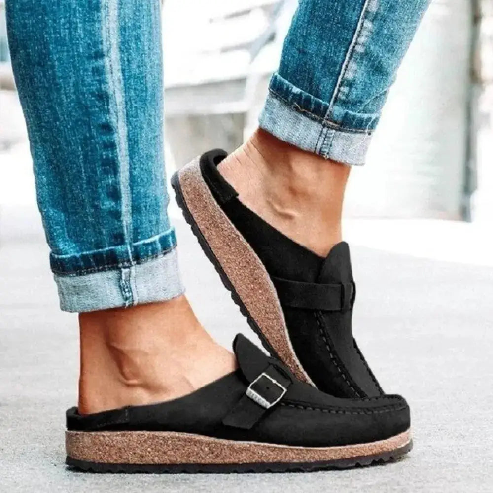 Round Toe Low Heel Buckle Loafers in black with cork sole