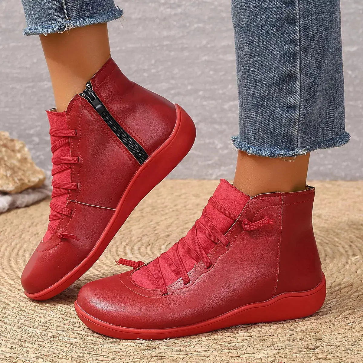 Lace-Up faux leather ankle boots in red with a side zipper