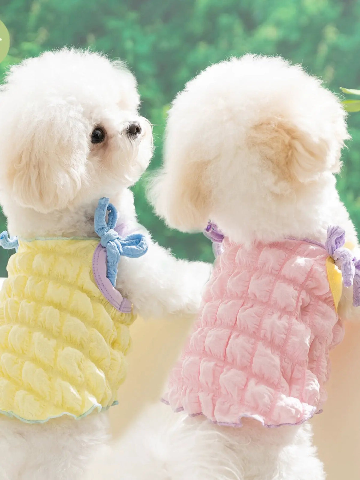 Bubble Textured Tie Shoulder Pet Tops for dogs; yellow and pink with blue and purple bows