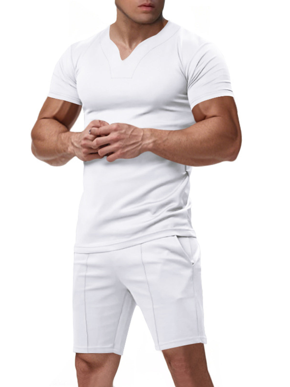 Men's plus-size V-neck short-sleeve T-shirt and shorts set in white by Trendsi