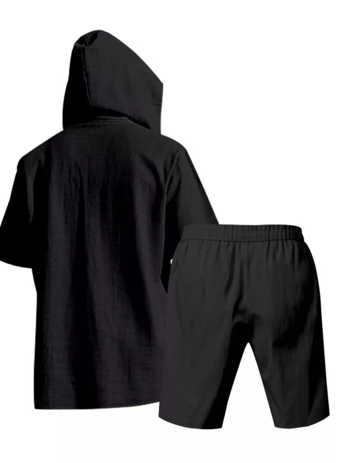 Mens linen-blend hooded top and shorts two-piece set in black, back view.