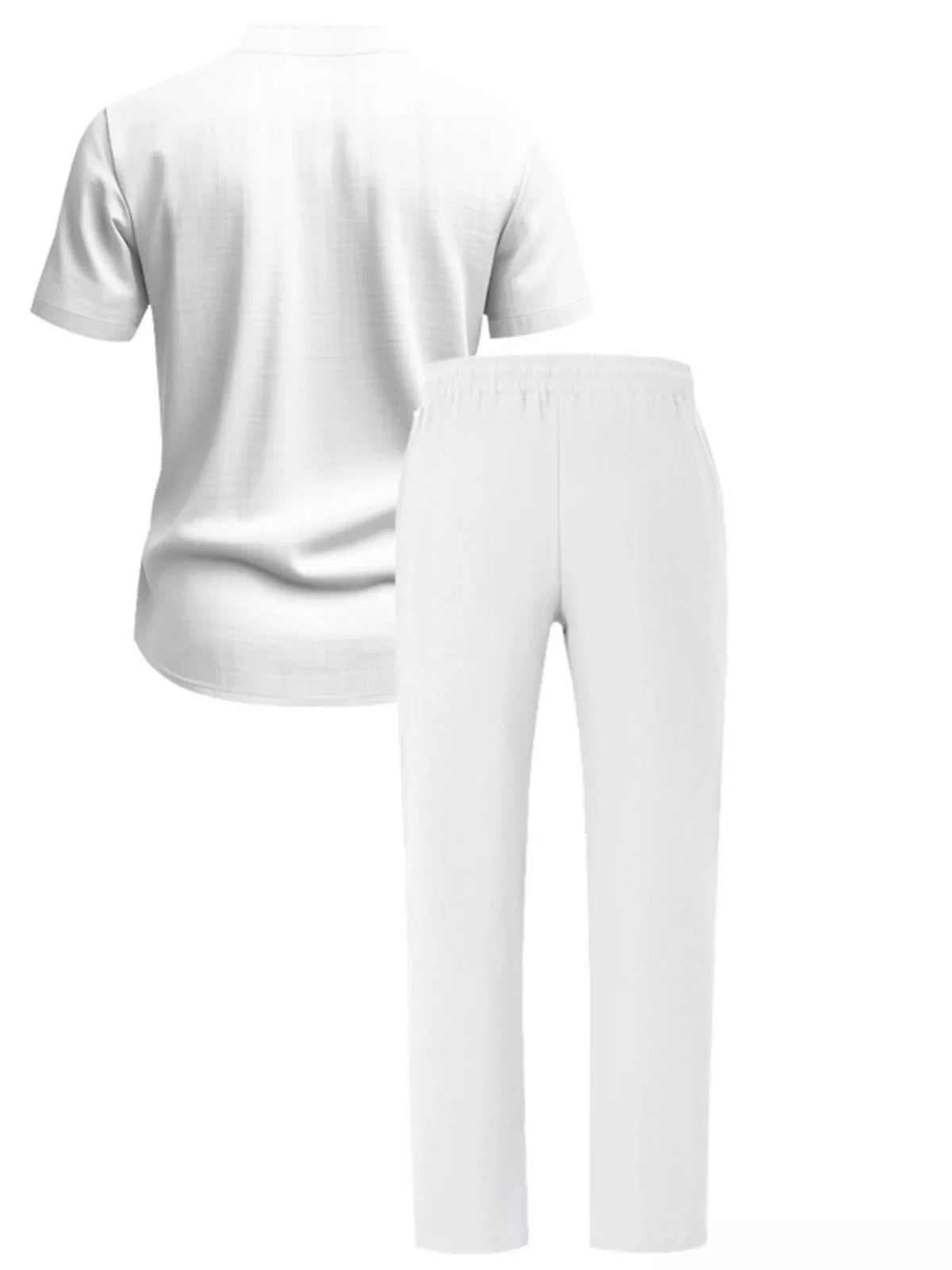 Men's full-size casual white button-up short-sleeve shirt and pants two-piece set, lightweight loungewear
