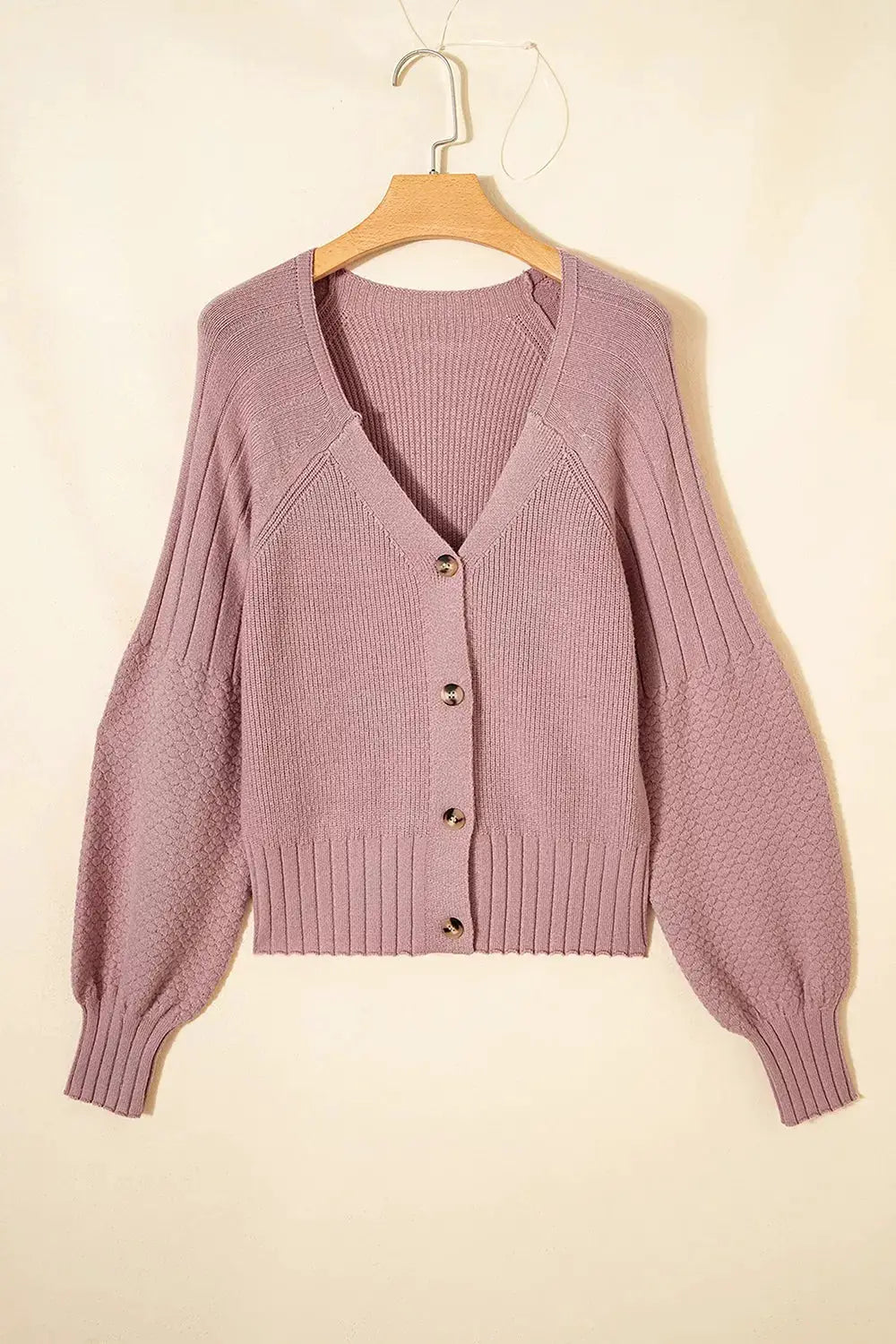 V-Neck Button-Down Cardigan by Trendsi, lavender knit cardigan with front buttons and ribbed hem and cuffs