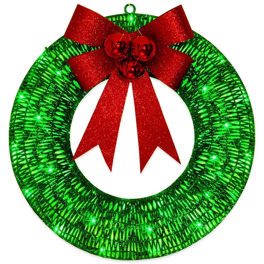 Christmas wreath by AdTec, 50cm green luminous LED wreath with red glitter bow for front door decor