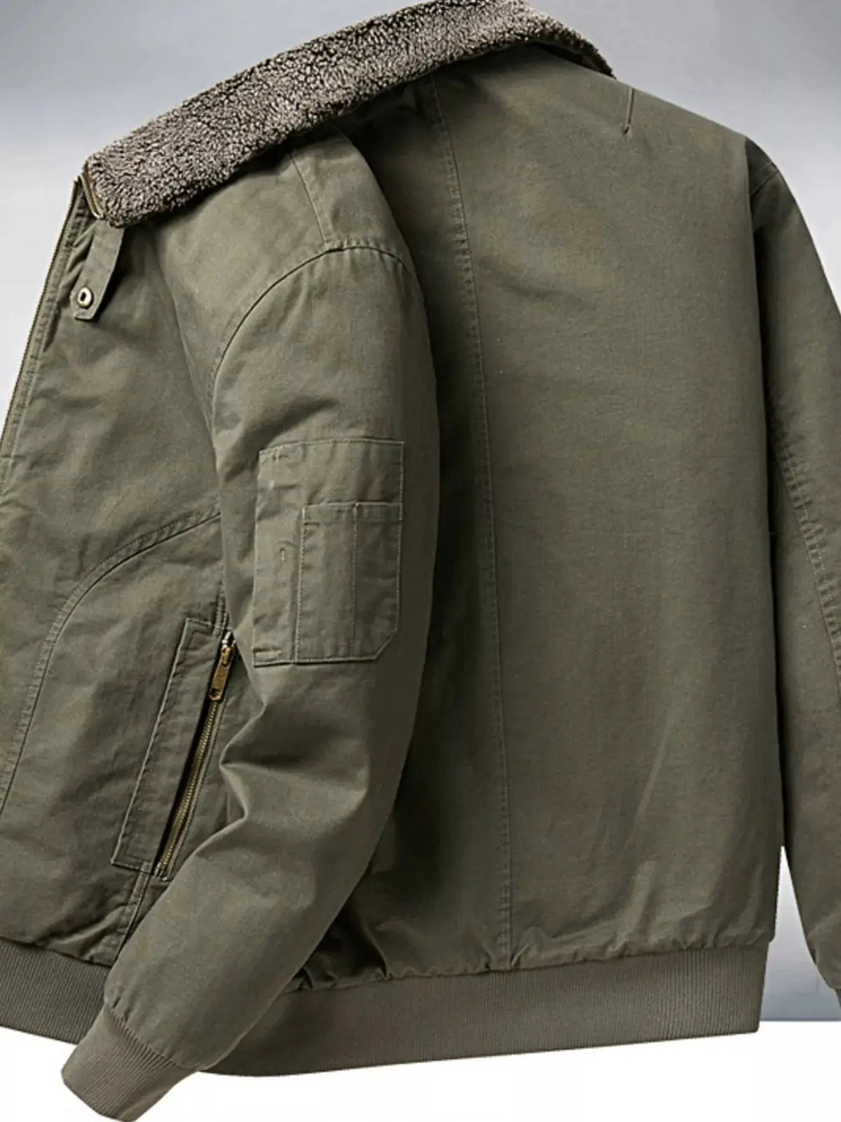 Men's plus-size olive green sherpa-lined zip-up jacket with pockets and ribbed hem