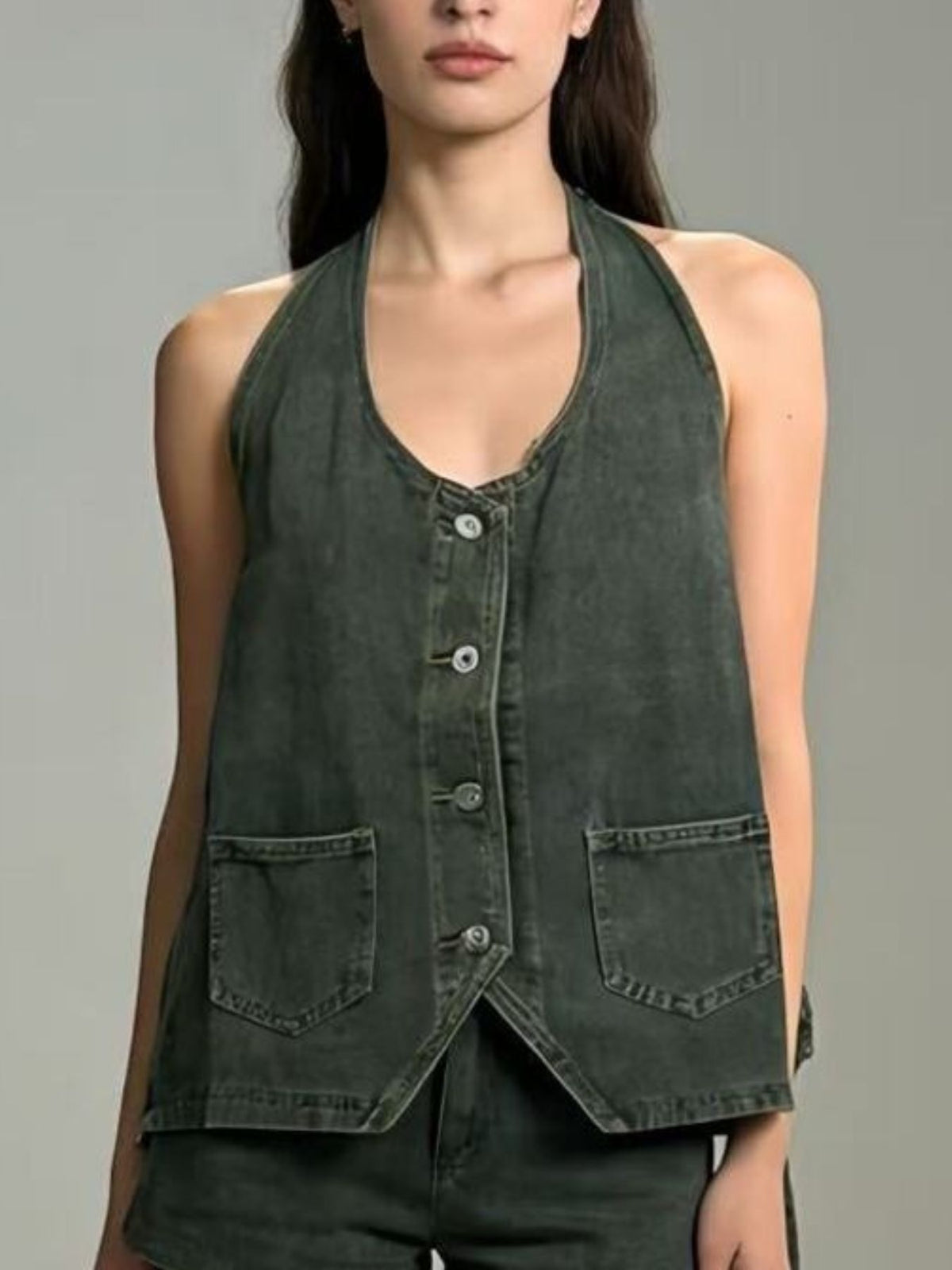 Trendsi green denim halter-neck vest with button front and two front pockets