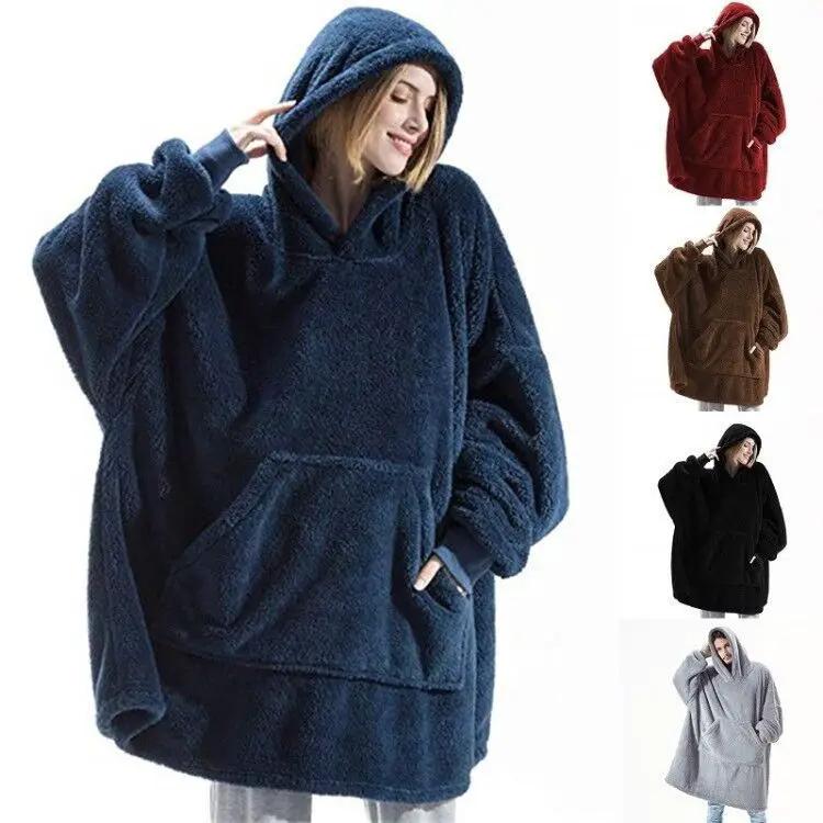 Hoodie fleece wearable blanket with large pocket; navy color, five color options shown