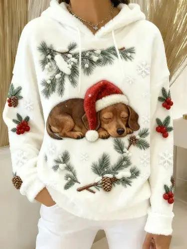 Womens Flannel Christmas Crew-Neck Top in white plush fleece with a sleeping dog in a Santa hat amid pine branches