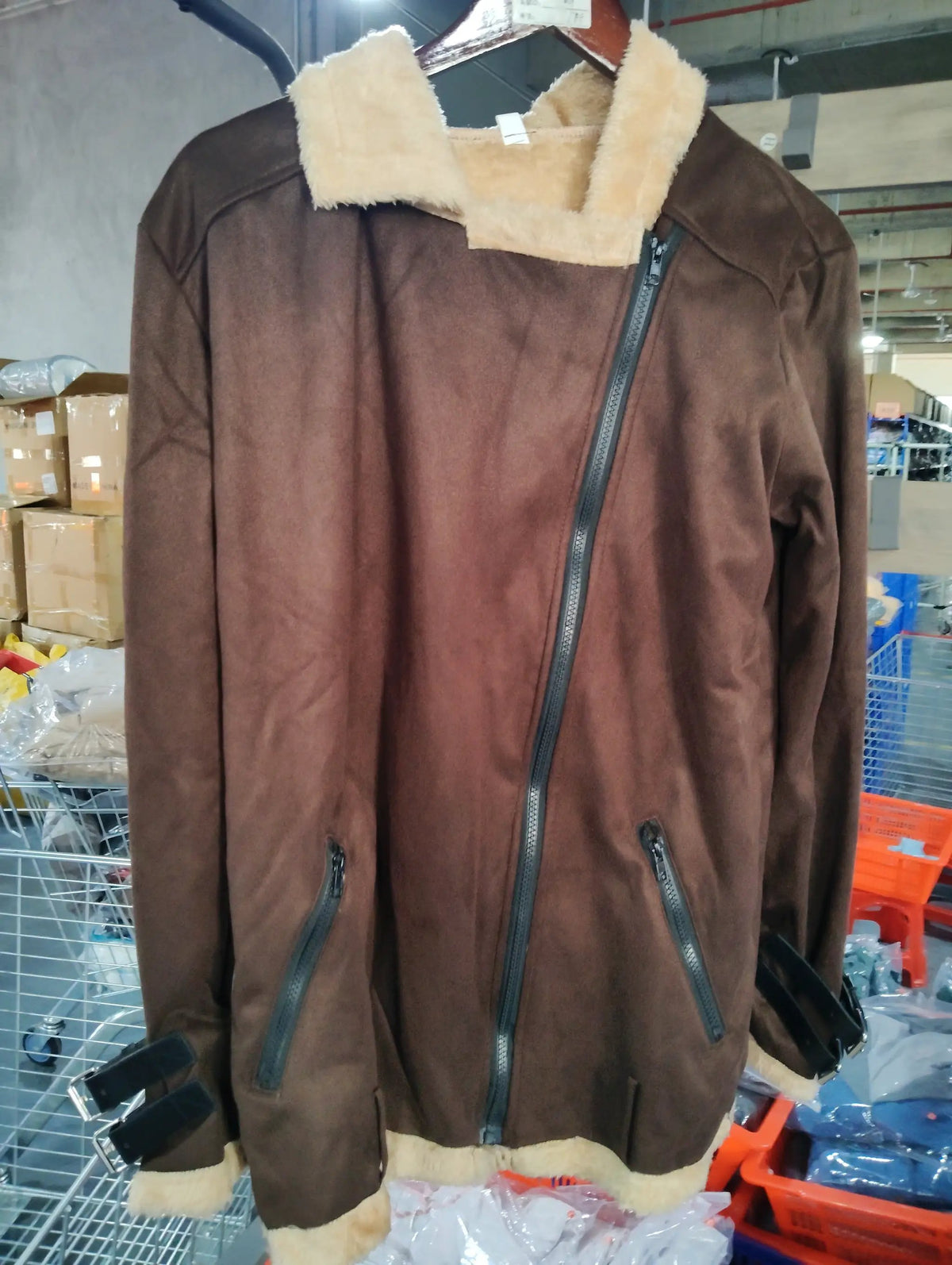Jacket, brown faux suede with tan sherpa collar and cuffs, diagonal zip pockets, AdTec