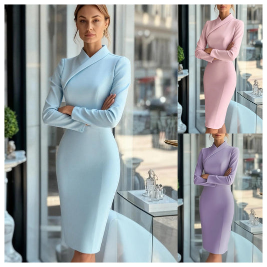 Falda lápiz larga entallada de cuello alto y manga larga, de color liso, estilo casual de viaje