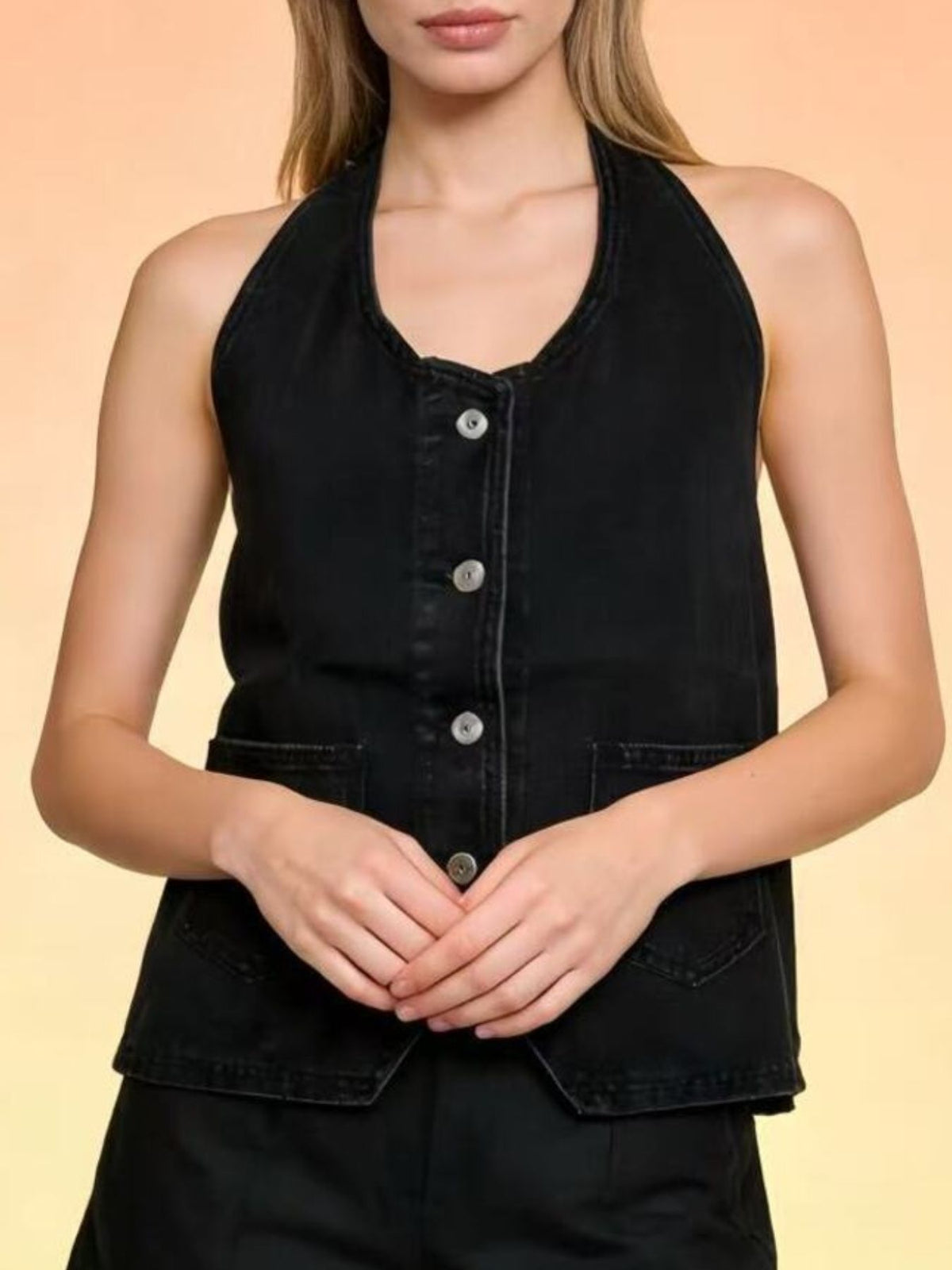 Halter Neck Denim Vest by Trendsi, black denim with button-front closure