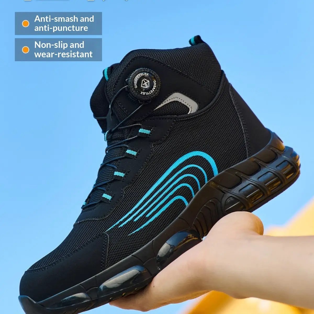 Aegis High Top Safety Shoes from AdTec with Flyknit support, black with teal accents