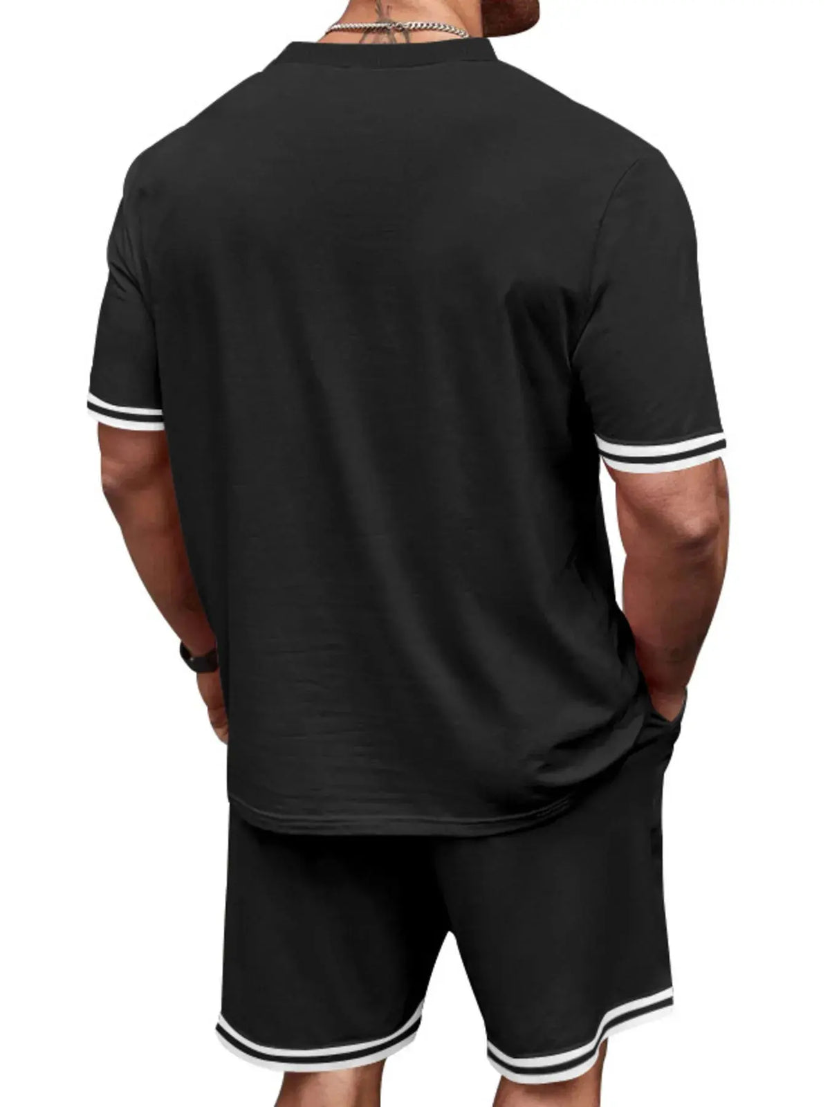 Men's black two-piece tee and shorts set with white striped sleeve cuffs and shorts hems.