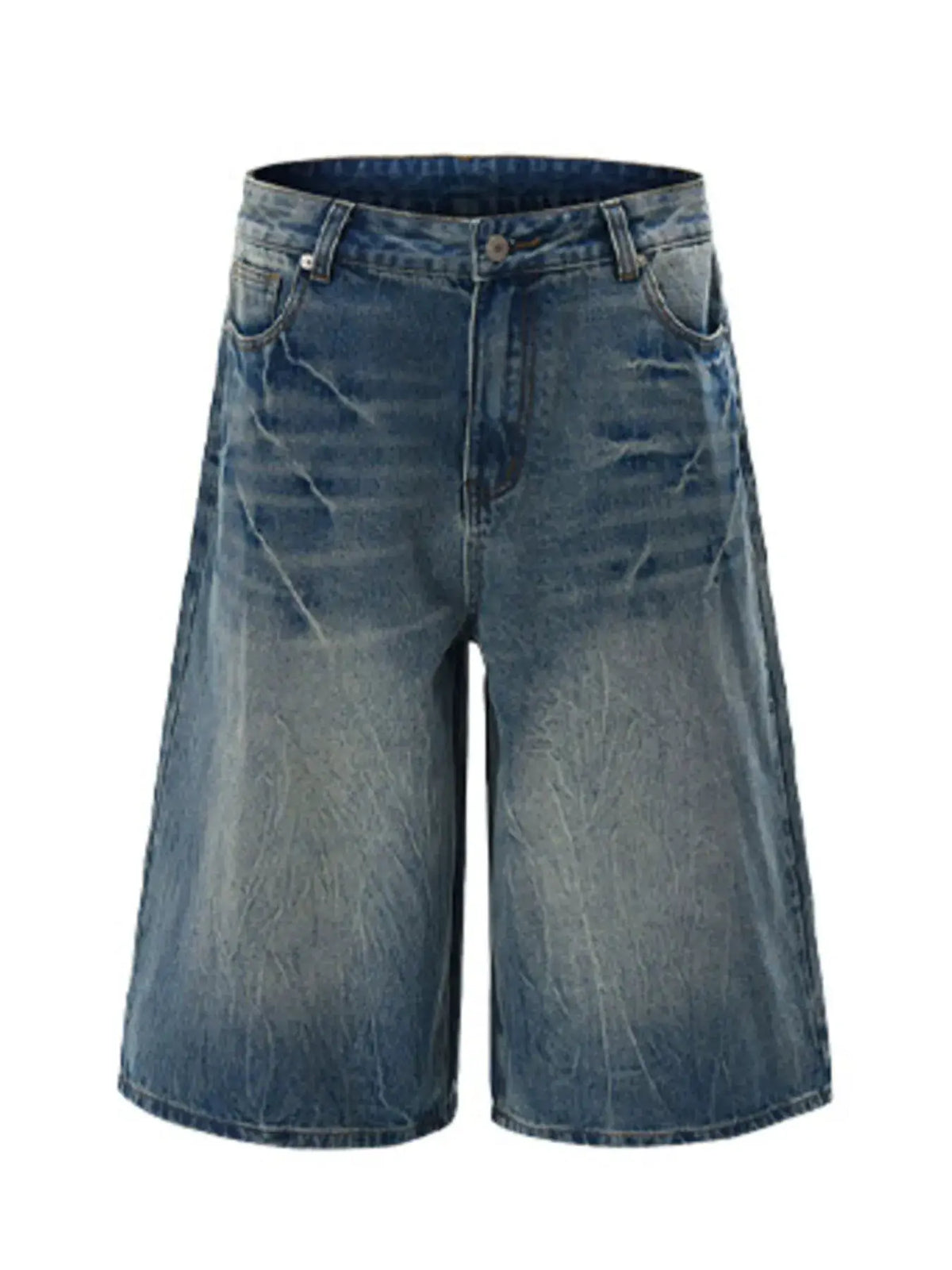 Men's denim shorts, distressed faded blue, oversized wide-leg fit