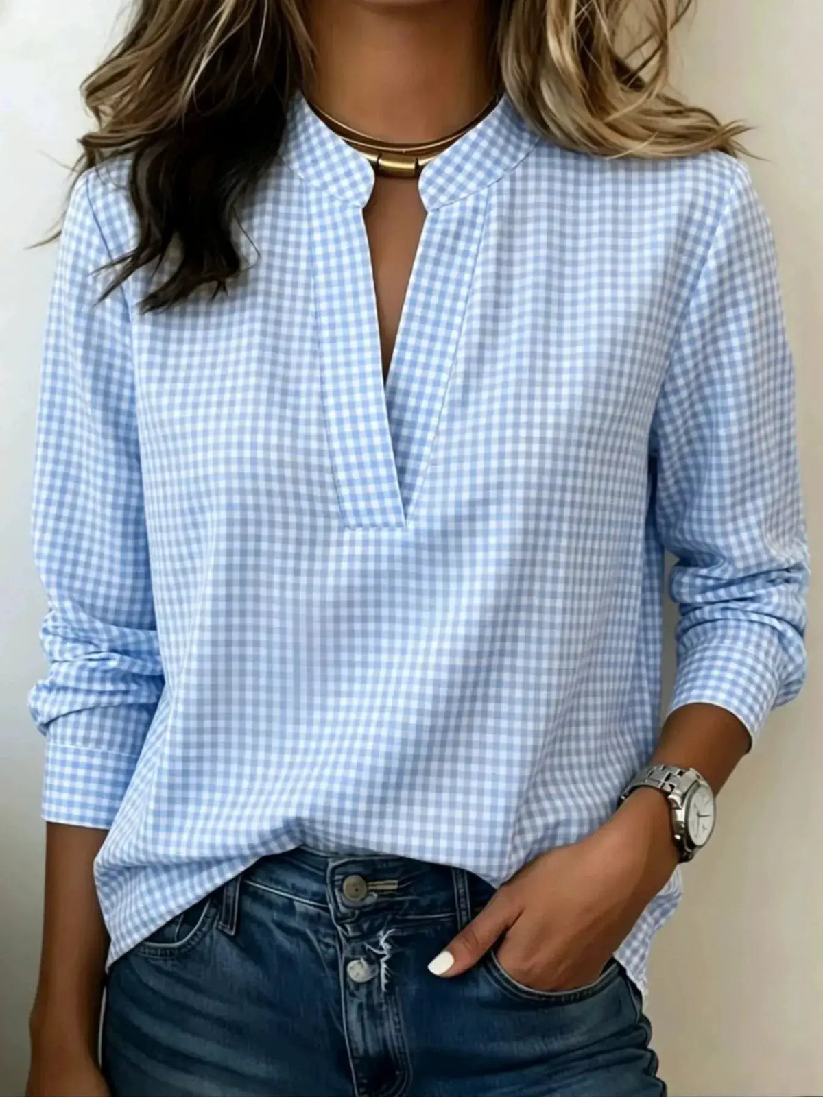 Plus size plaid notched long-sleeve blouse in blue gingham by Trendsi