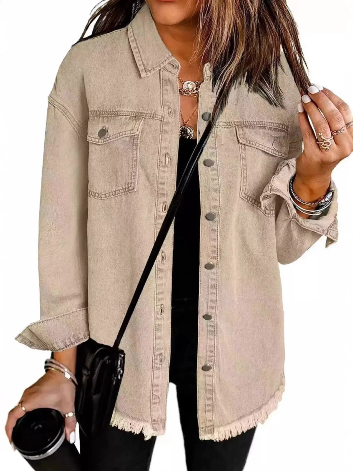 Classic frayed-hem denim jacket in beige with button-up front and side pockets