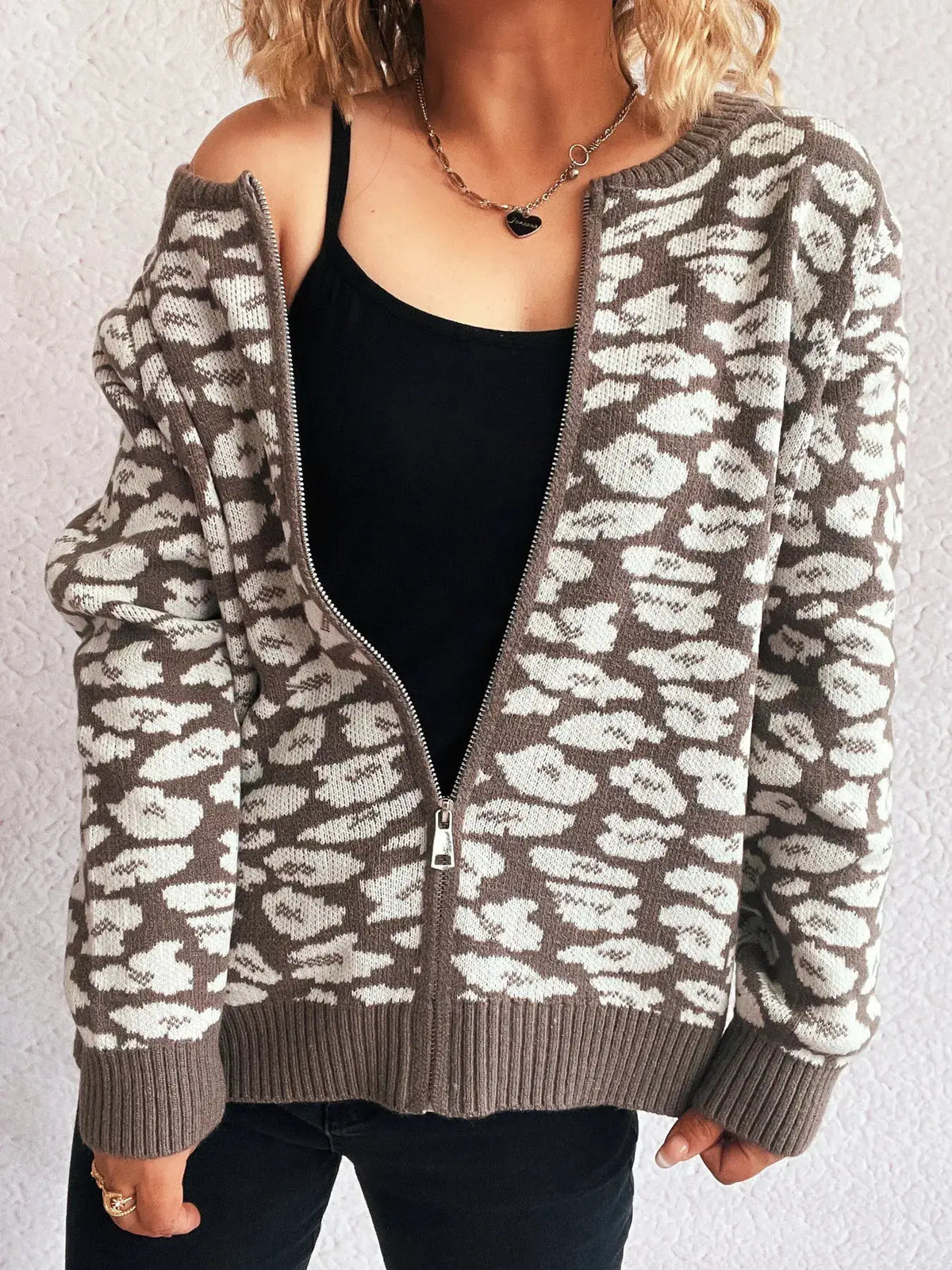 Zip-up long-sleeve cardigan with taupe and cream leopard print, front zipper, ribbed hem