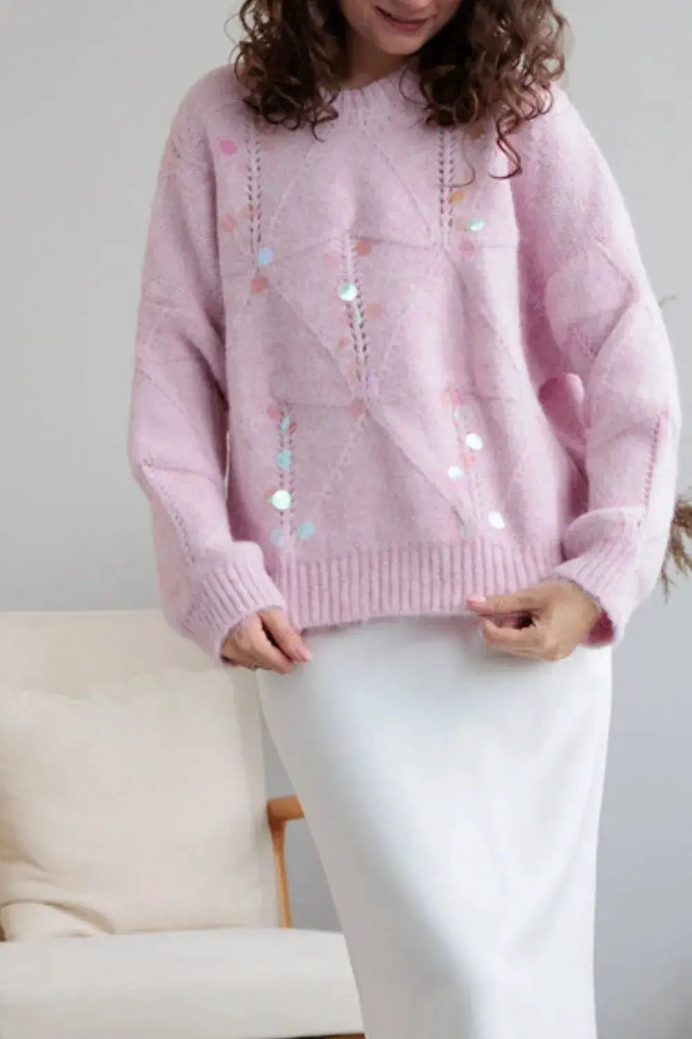 Shimmering Sequin Round Neck Long Sleeve Holiday Sweater pink knit with iridescent sequins