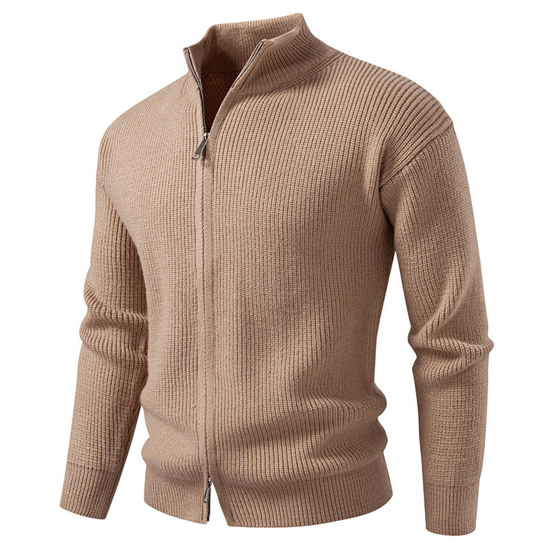 Men's beige zip cardigan sweater with ribbed knit and stand-up collar.