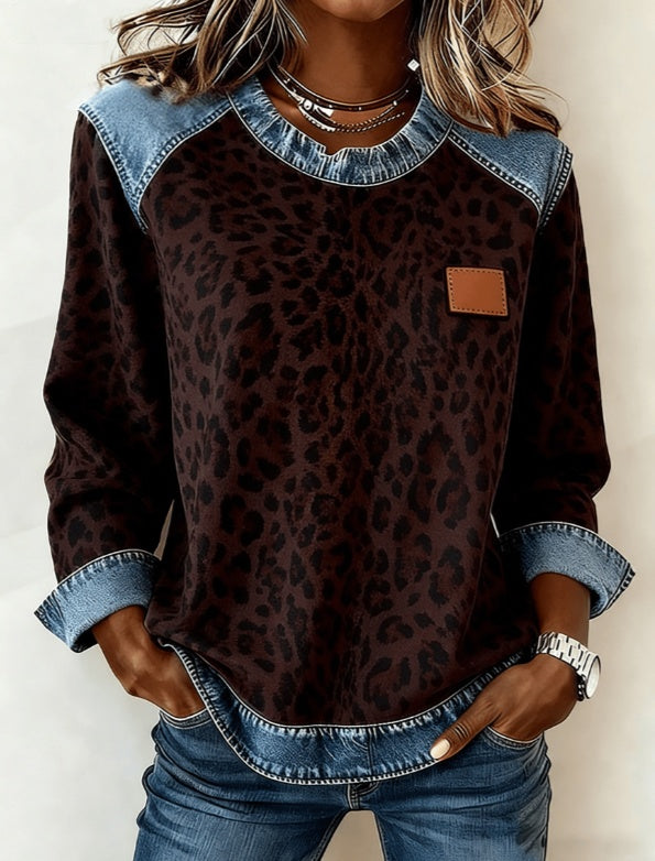 Women's Patchwork Denim Sweatshirt with leopard print body and denim contrast yoke and cuffs by AdTec