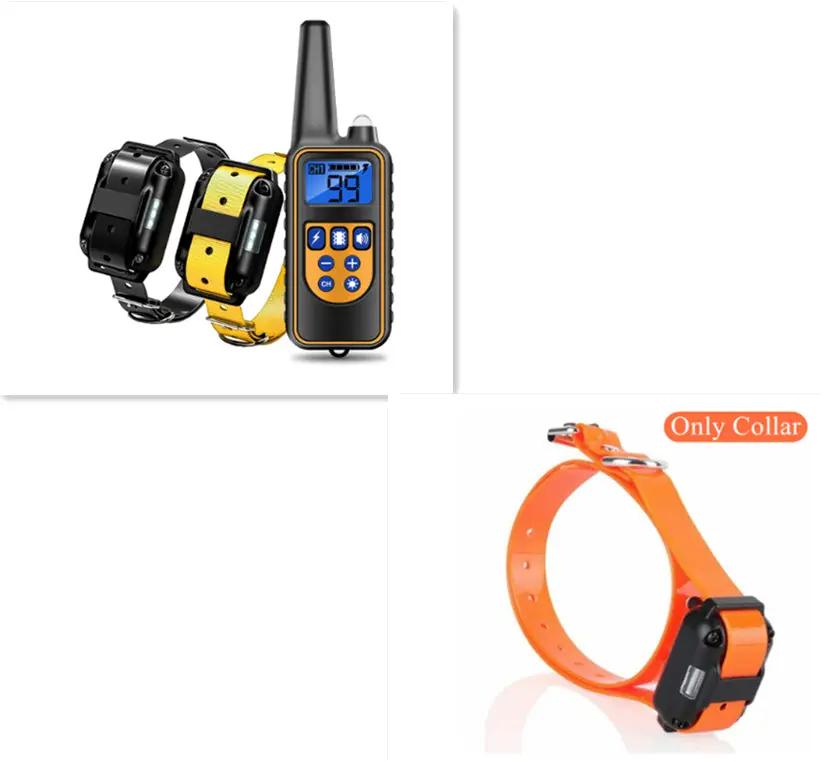 Remote control dog training collar by AdTec with handheld transmitter and yellow/black plus orange collars