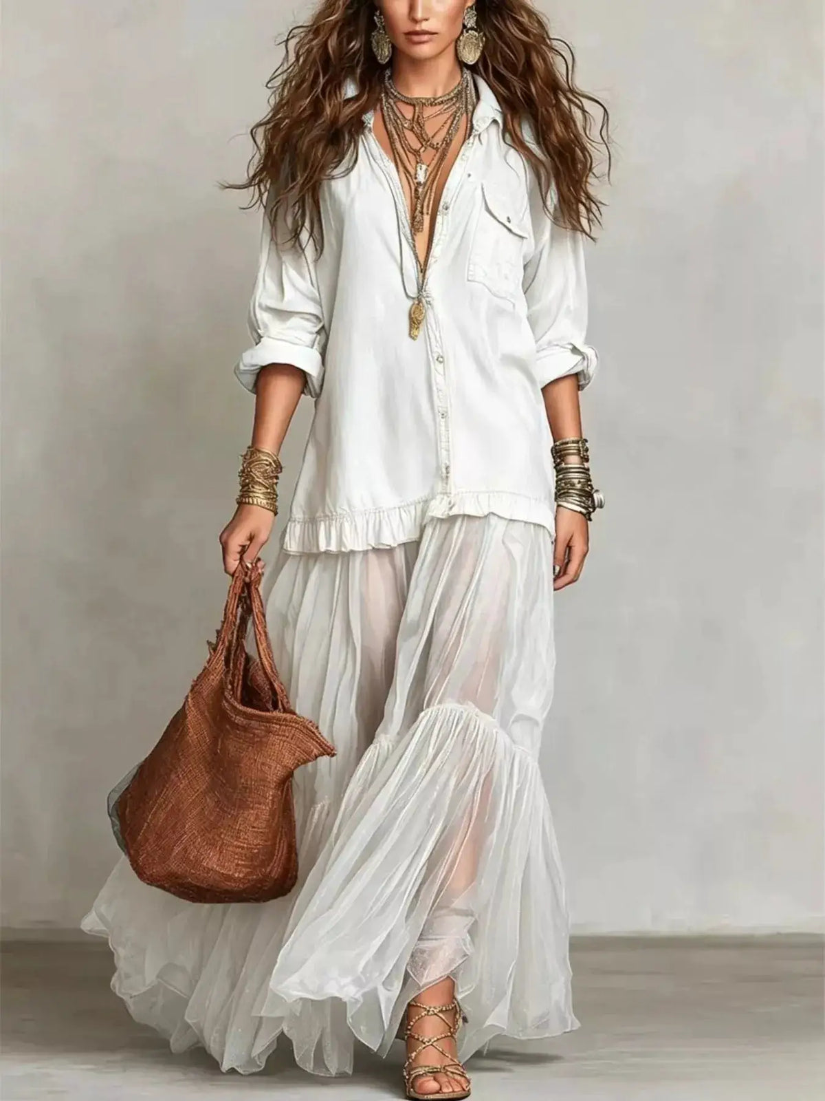 Full-Size tiered long-sleeve denim shirt maxi dress, plus size, light wash