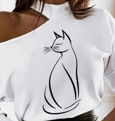 T-shirt blanc à manches longues pour femmes avec motif de dessins animés et épaules dénudées, hauts graphiques pour femmes pour tenue de printemps