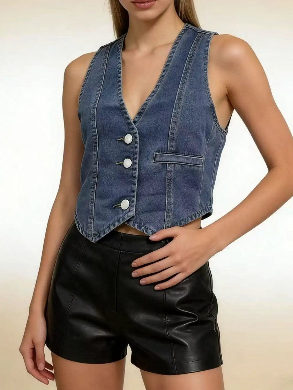 Unlined button-down denim vest in blue with silver buttons and front pocket detail, cropped fit.