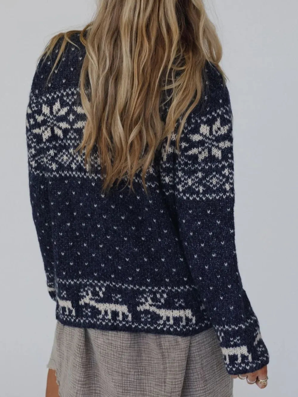 Cozy knit cardigan, navy long sleeve with white Nordic snowflake pattern; stretch acrylic knit