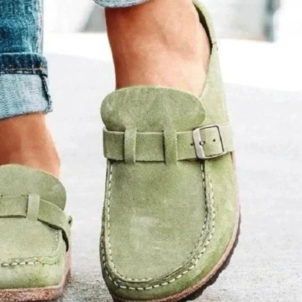 Round Toe Low Heel Buckle Loafers, green suede, 2 shoes shown