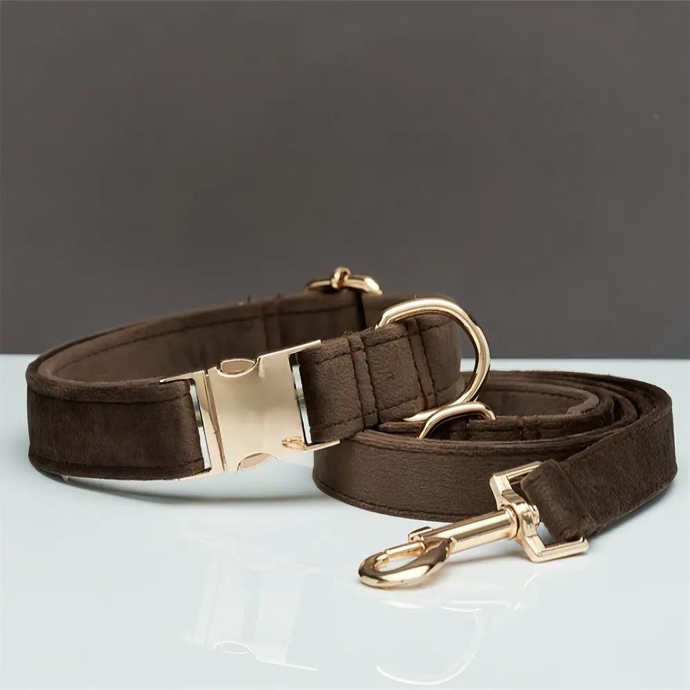 AdTec brown velvet 2-piece dog collar and leash set with gold hardware