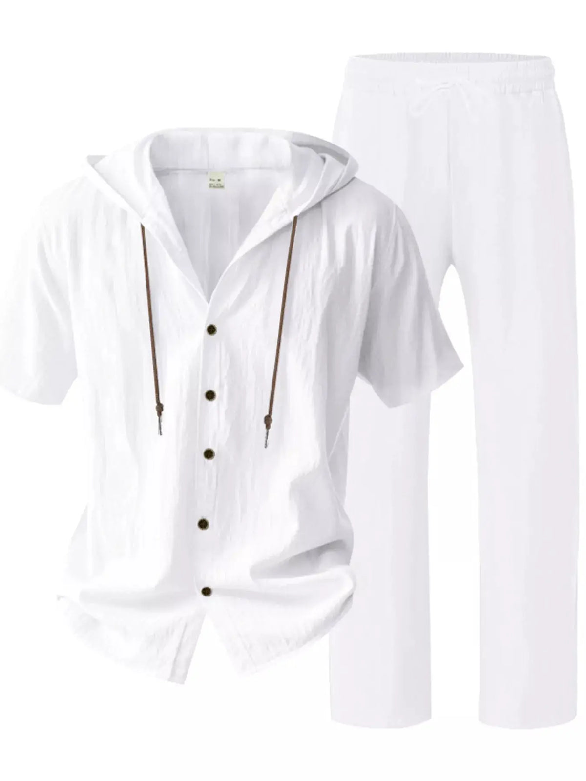 Men's two-piece white linen hooded button-up top and pants set, breathable plus size, Trendsi