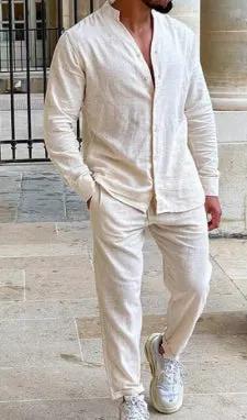 Men's summer linen two-piece casual outfit with pants in cream