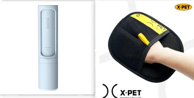 2-in-1 reusable pet hair remover brush and lint roller; blue self-cleaning device with X-PET fur remover