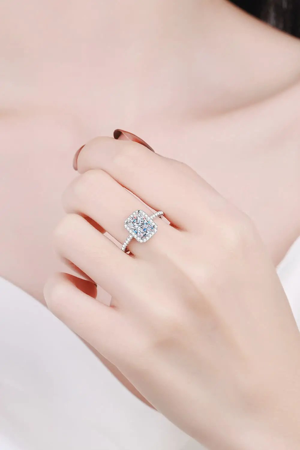 2 Carat Moissanite Halo Ring in 925 Sterling Silver with pavé band