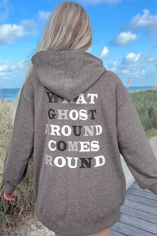 Oversize hoodie with bold back lettering, Halloween ghost print, mineral-wash gray-brown