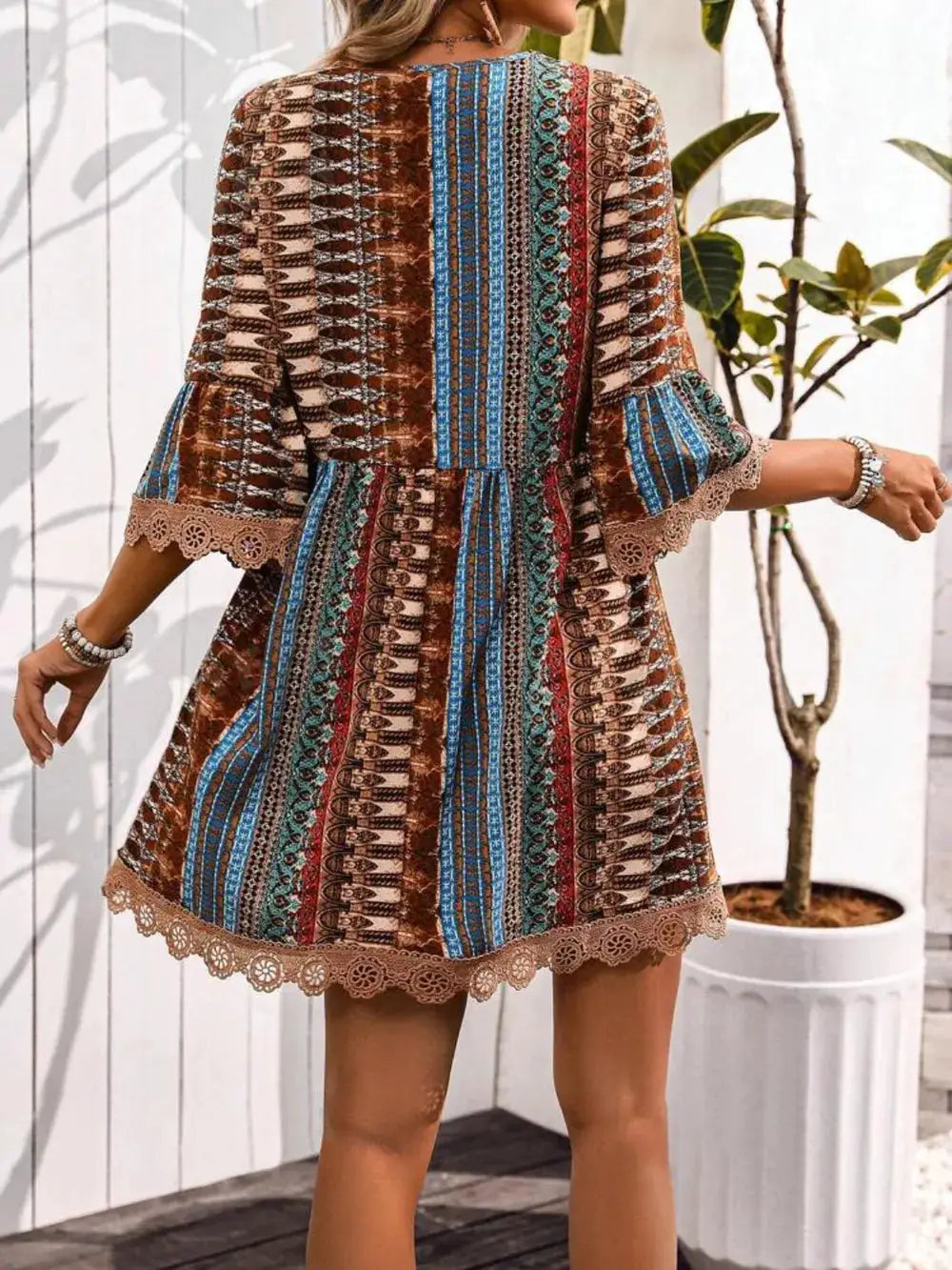 Lace Trim Printed V-Neck 3/4 Sleeve Dress in brown-blue boho pattern by Trendsi