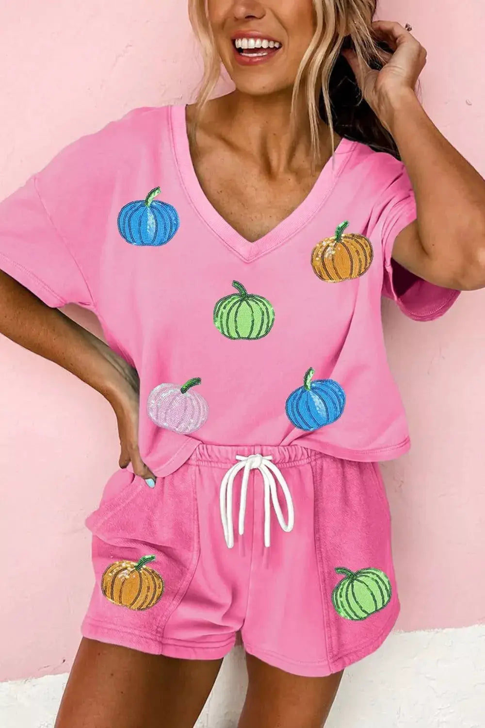 Sequin pumpkin-pattern pink V-neck tee and drawstring shorts 2-piece set by Trendsi