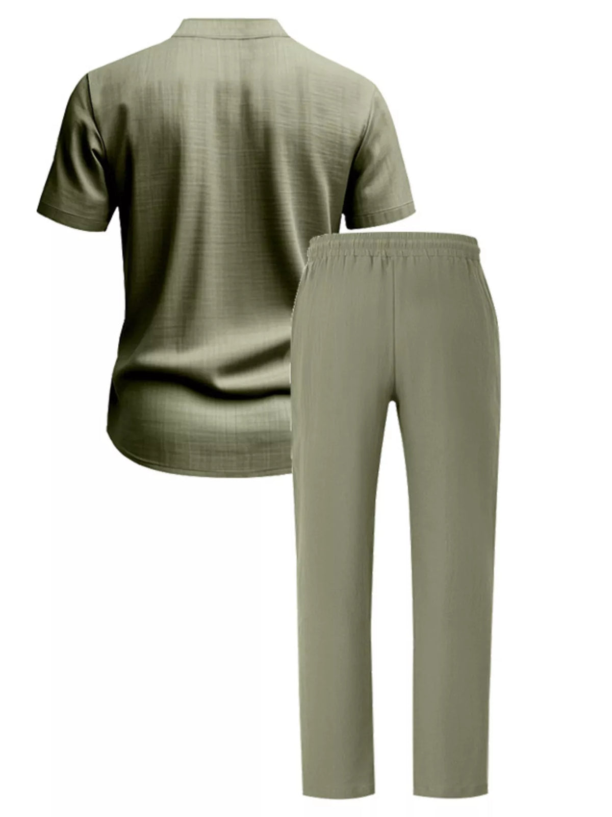 Men's olive short-sleeve button-up shirt and elastic-waist pants two-piece set by Trendsi, plus size
