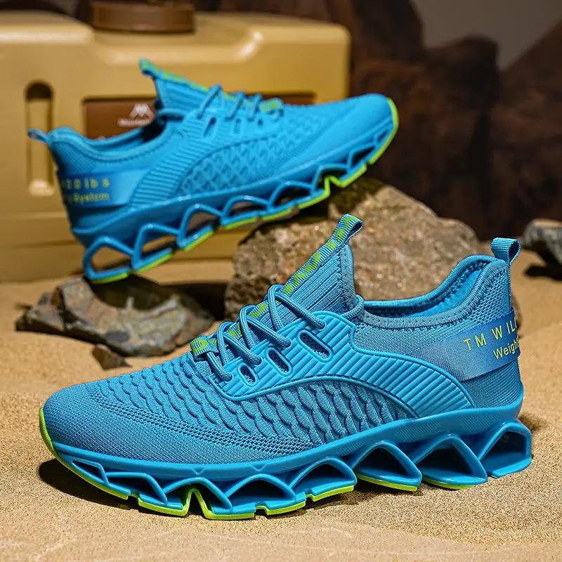 Blade Premium Mesh Running Shoes pair in blue with lime-green accents and subtle lightning trim.