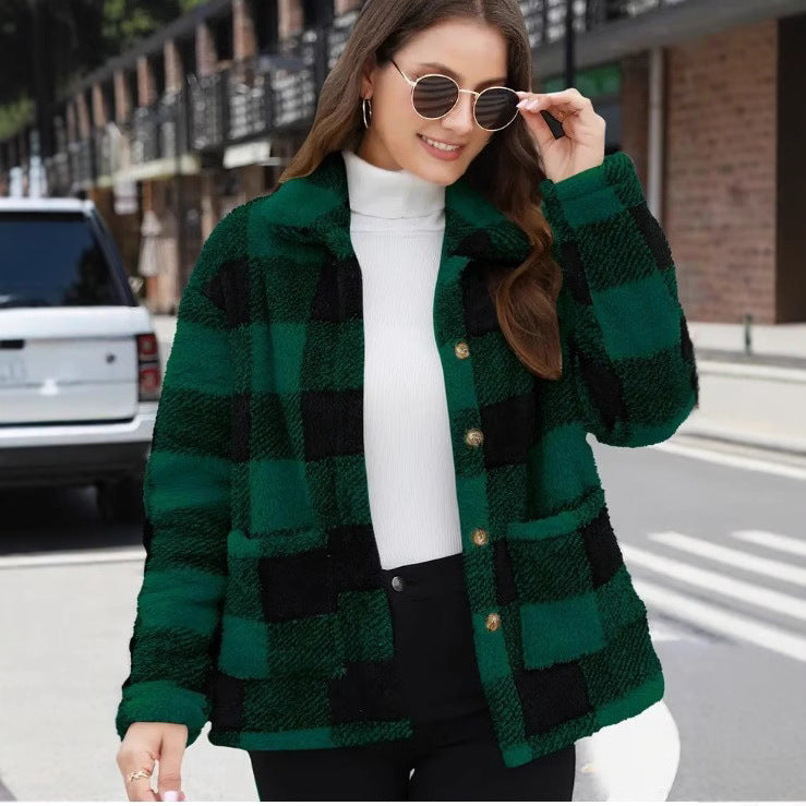 Veste en plaid color block pour femme, avec revers, poches et simple boutonnage, idéale pour le printemps et l'automne