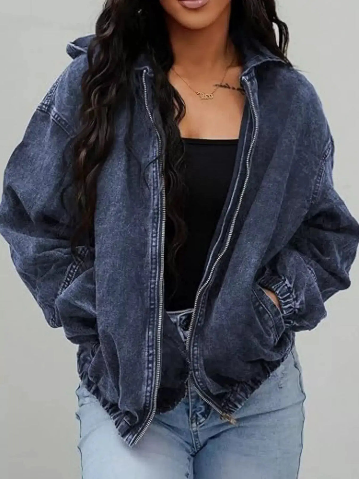 Premium Vintage Washed Zip Up Hooded Oversized Denim Jacket in blue with front zipper