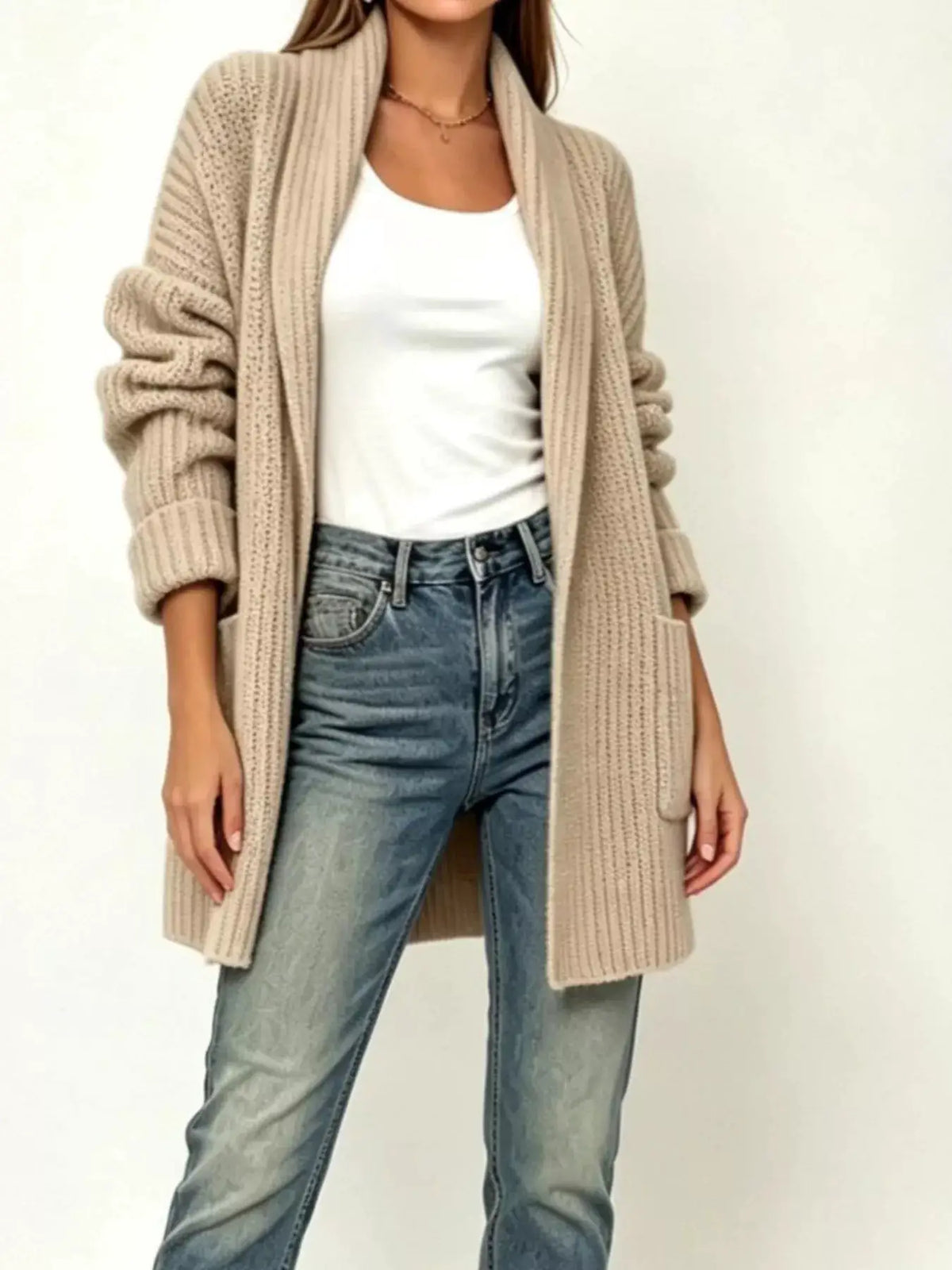 Plus Size Ribbed Open Front Cardigan with Side Pockets, beige knit, longline