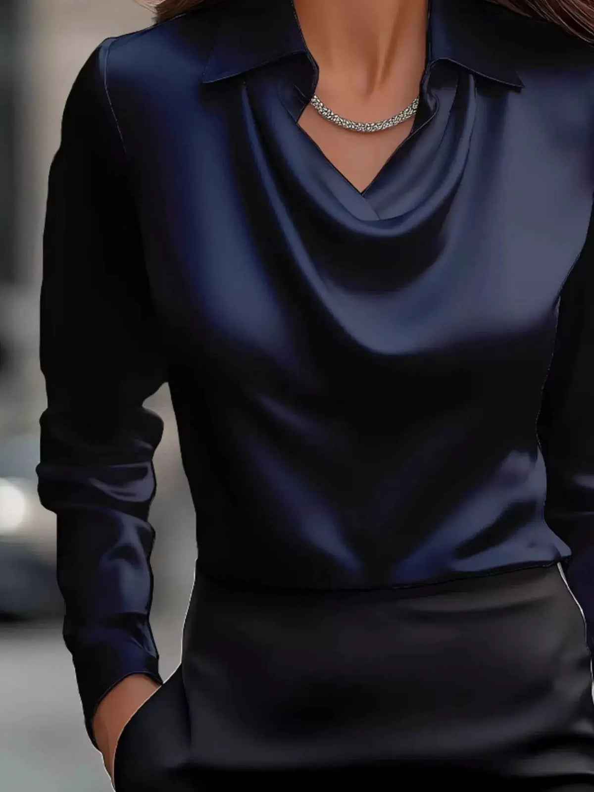 Trendsi full-size satin cowl-neck long-sleeve blouse, navy, plus size