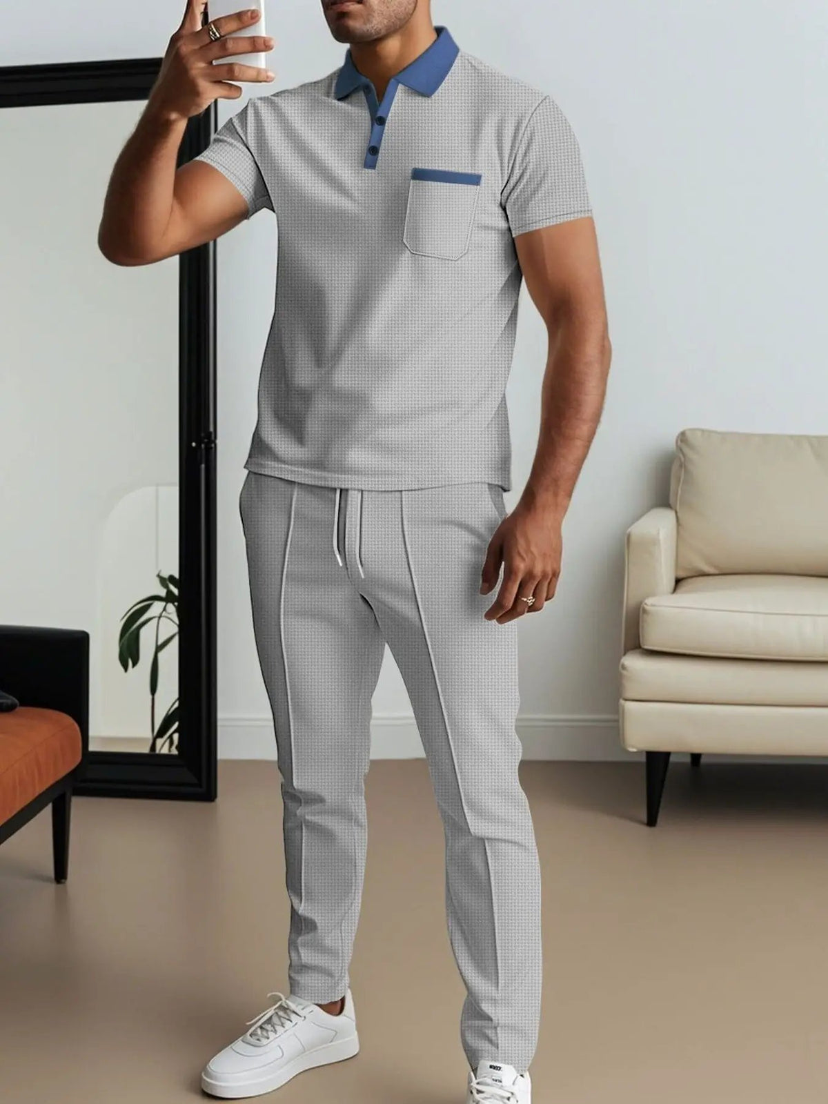 Men's Matching Short Sleeve Polo And Pants Set in light gray with blue collar trim, Trendsi plus size