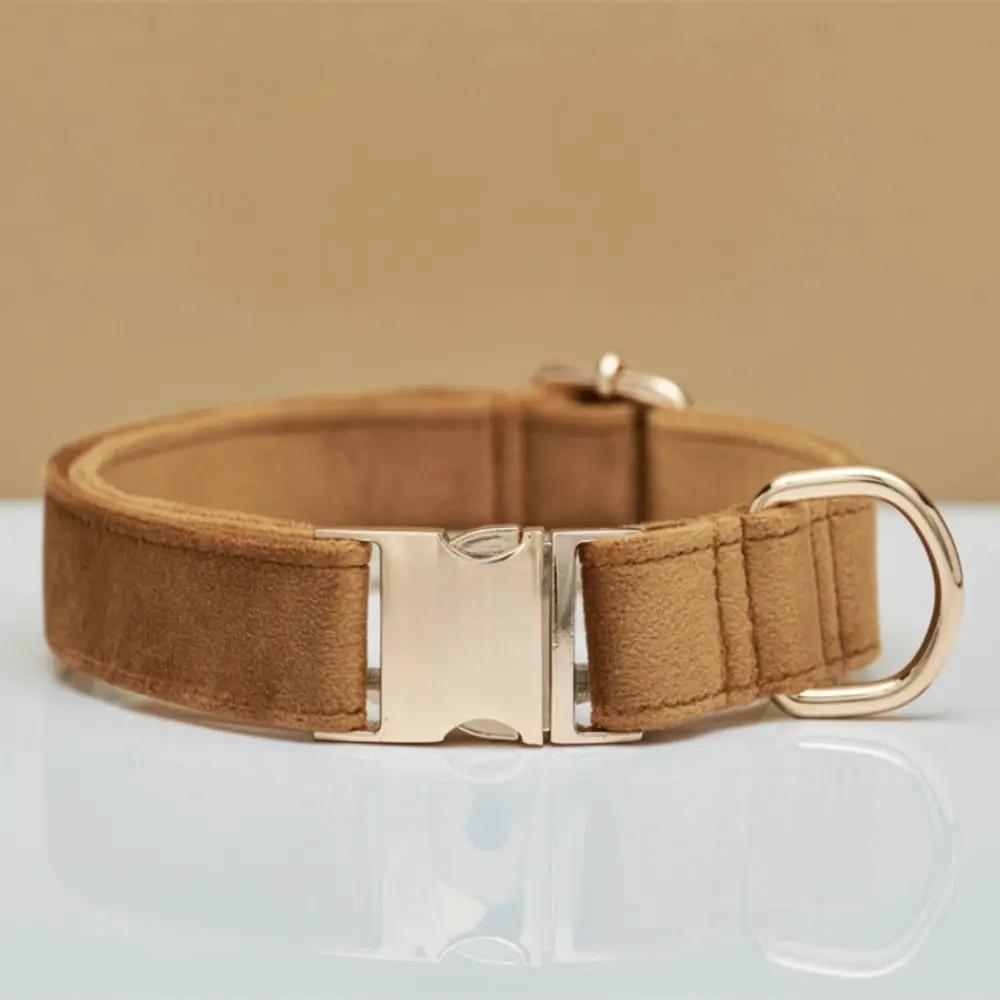 Dog collar velvet tan with gold-tone buckle and D-ring