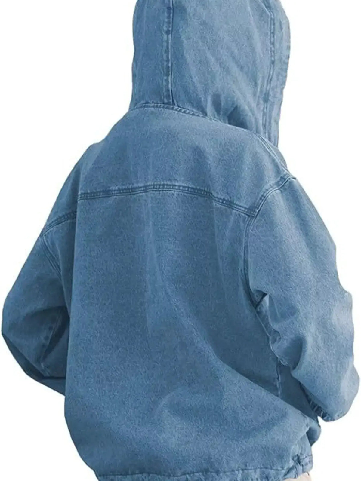 Casual hooded denim jacket, blue denim by Trendsi, back view showing yoke seams.