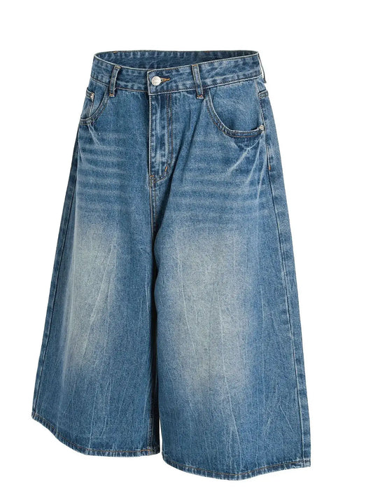 Men's relaxed-fit wide-leg washed cotton denim shorts, blue, Trendsi