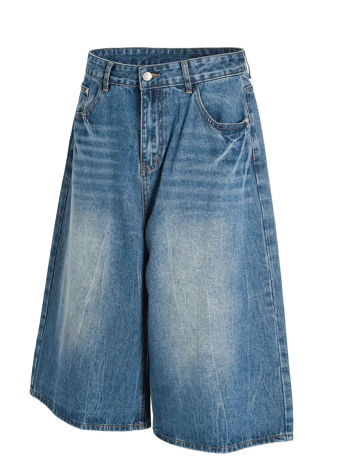 Men's relaxed-fit wide-leg washed cotton denim shorts, blue, Trendsi