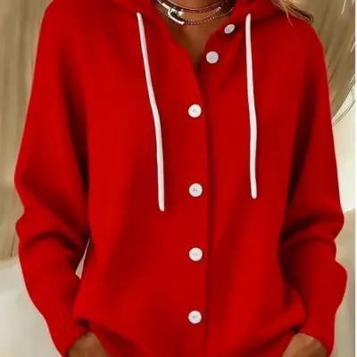 Women's Relaxed Fit Hooded Cardigan, red with white drawstrings and buttons